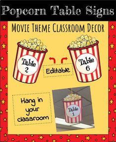 popcorn table signs with movie theme classroom decor for kids and adults to use in their classroom