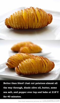 three different views of some food on a white plate and in the middle there is an image of sliced potatoes