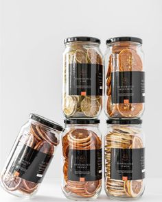 four jars filled with different types of coins