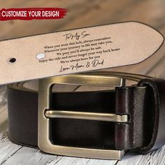 Celebrate the special men in your life with our Personalized Engraved Leather Belt. This custom belt is more than just an anniversary gift; it's a heartfelt gesture that adds a personal touch to every outfit. Crafted from genuine leather, this engraved belt makes for a timeless and durable piece. The custom engraving allows you to add a personal message or a special date, making it an ideal anniversary or Valentine's Day gift. Whether it's for your husband, boyfriend, or father, this personalized leather belt is a thoughtful and practical expression of your love and appreciation. Imagine the joy on their face as they unwrap a gift that is not only stylish but also carries a sentimental touch. The engraved details make this belt a unique accessory, showcasing your thoughtfulness in every de Black Leather Belt Buckles As Gift, Classic Leather Belt Buckles As Gift, Classic Leather Belt Buckles For Gifts, Engraved Leather Belts As Gifts, Engraved Brown Belt For Gift, Custom Belt, Personalized Leather, Accessories Unique, Personal Message