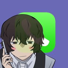 an anime character holding a cell phone up to his ear and looking at the camera