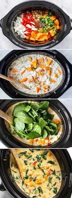 four different types of food in black crockpots with spinach and carrots