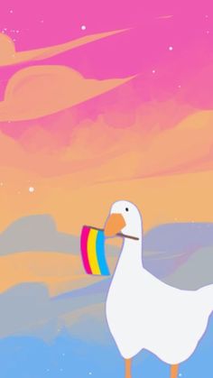 a white duck with a rainbow in its beak on a pink and blue sky background