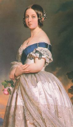 a painting of a woman wearing a blue and white dress