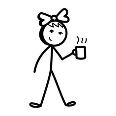 a stick figure with a cup of coffee in her hand and a bow on her head