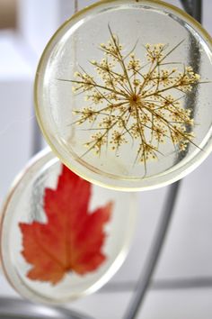 a glass ornament with a red maple leaf in the center and another one hanging from it