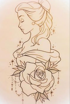 a drawing of a girl with a rose in her hand and stars around her neck