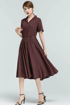 Classic A-line Cotton Shirt Dress, Classic Summer Shirt Dress With Button Closure, Classic Collared Shirt Dress For Summer, Brown Cotton Shirt Dress For Summer, Classic Knee-length Linen Shirt Dress, Classic Summer Dress With Collared Neckline, Classic Summer Button-up Midi Dress, Classic Linen Midi Shirt Dress, Classic Button-up Midi Dress For Summer