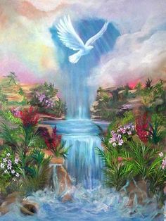 a painting of a waterfall with a dove flying over it and flowers in the foreground