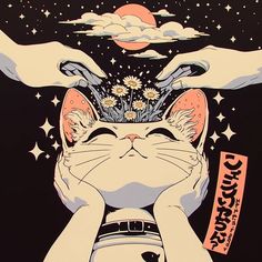 a cat with its eyes closed and hands on it's head, surrounded by stars