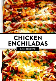 chicken enchiladas in a casserole dish with cheese and parsley