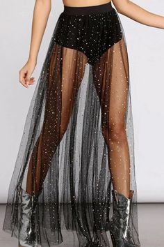 Black Casual Bronzing Patchwork See-through Skinny High Waist Conventional Patchwork Skirts Black Outfit Party, Mode Coachella, Mesh Maxi Skirt, Star Costume, Fest Outfits, Mode Boho, Rave Outfit, Patchwork Skirt, Skirt Maxi