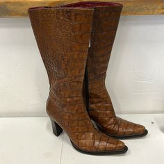 Beautiful Crocodile Boots Lined In Red Leather. Nice Used Condition. Light Scuffs On Toes Heel 3.25” Total Height 15” Formal Crocodile Pattern Snip Toe Boots, Formal Fitted Boots With Crocodile Pattern, Crocodile Boots, Shoes Heels Boots, Red Leather, Shoes Women Heels, Heeled Boots, Shoes Heels, Size 7