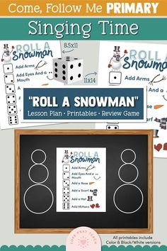 a blackboard with the words roll a snowman written on it and two dices in