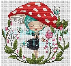 a cross stitch pattern with a girl in a mushroom hat holding an umbrella and flowers