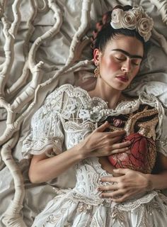 a woman in a white dress laying on a bed with her head resting on a pillow