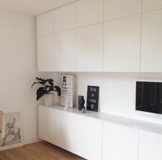 an image of a room with white cabinets and plants on the shelf in front of it