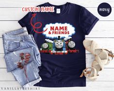 thomas the tank top with name and friends on it