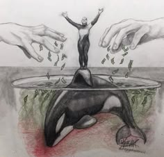 a drawing of a man standing on top of an orca in front of two hands