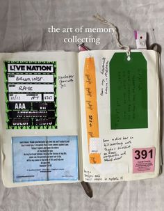 the art of memory collecting book is open to pages with writing and notes on them