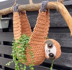 there is a stuffed sloth hanging from a branch with some plants in front of it