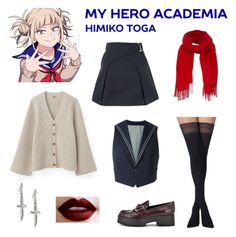 Embrace the chaotic charm of Himiko Toga from My Hero Academia with this anime-inspired outfit! Featuring her classic school uniform with a cozy oversized cardigan for a comfy twist, paired with dagger earrings and bold blood-red lips, this look is a perfect nod to her dangerous, yet playful side. Show off your villainous flair with this Himiko Toga-inspired ensemble. 🩸💋🖤 Toga Cosplay Outfit, Toga Himiko Outfit Ideas, Himiko Toga Outfit Ideas, Himiko Toga Inspired Outfits, Toga Inspired Outfits, My Hero Academia Inspired Outfits, Toga Outfits For Women, Mha Inspired Outfits