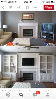 before and after pictures of a living room with built - in bookshelves, couches, fireplace and television