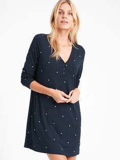 Henley Nightgown | Banana Republic Soft Cotton Sleepwear, Soft Touch Stretch Sleepwear, V-neck Stretch Sleep Dress, Comfortable Long Sleeve Sleep Dresses, Soft Stretch Sleepwear, Long Sleeve Viscose Dresses For Loungewear, Casual Stretch Dresses For Night, Casual Stretch Night Dresses, Viscose V-neck Loungewear Dress