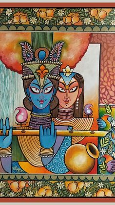 an artistic painting depicting two women with their faces painted in blue and orange colors, surrounded by fruit