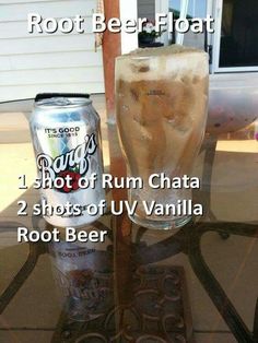 an image of root beer float in a glass on a table with the words root beer float