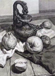 a still life with onions, an onion and a teapot