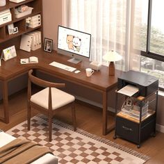 a computer desk sitting in front of a window next to a chair and book shelf