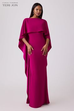 Cape Formal Dress, Crepe Dress Styles, Fall Formal Dresses, Open Back Gown, Modest Evening Dress, Cool Outfit Ideas, Crepe Material, Berry Color, Crepe Gown