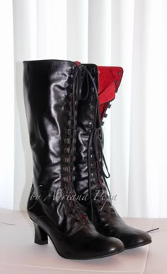 "Request a Custom Order and have something made just for you! I can manufacture this style Boots also for MEN, on request Customised handcrafted Booties early 19th century inspired For wider feet , strong calf and narrow feet also. This is an individual boot execution. Best Black Italian leather and RED suede leather inside. Are issued by limited series. Model inspired from 1900 Victorian boot style. You can get remarkable and not expensive handmade boots. Knee high: height of the heel 2,6\" inc Burning Man Boots, Granny Shoes, Boots Victorian, White Leather Booties, Womens Fall Boots, Slavic Style, High Heel Dress Boots, White Leather Ankle Boots, Red Goth