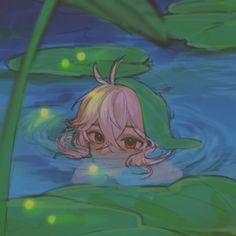 a drawing of a girl in the water with lily pads on her head and eyes