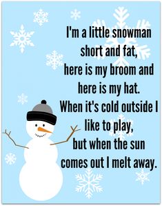 Snowman Song, Snowman Songs, Winter Poems, Kindergarten Songs, Classroom Songs, Songs For Toddlers