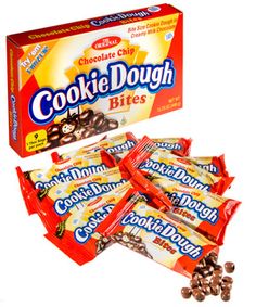 chocolate chip cookie dough bites in a box and on top of it are several pieces