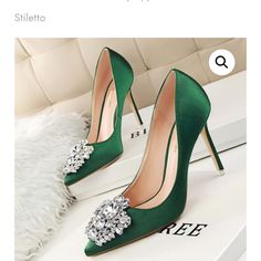 Sexy Upper Rhinestone Decor Stiletto High Heels 3 1/2 Pointed Toe Satin Green: 7,7.5,8.5 Red: 6,7,7.5,8.5,9 Elegant Green Heels For Night Out, Wedding Shoes High Heels, Hak Tinggi, Casual Pumps, Wedding Pumps, Basic Heels, Bridal Wedding Shoes, Wedding Shoes Heels, Super High Heels