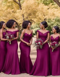 the bridesmaids are all wearing purple dresses