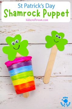 st patrick's day shamrock popsicle craft for kids with text overlay that says saint patrick's day shamrock popsicle