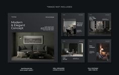 the homepage is displayed in black and white colors, including dark walls and furniture