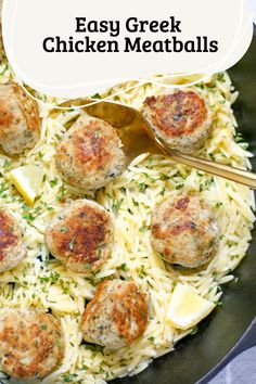 easy greek chicken meatballs in a skillet with lemons and parmesan cheese