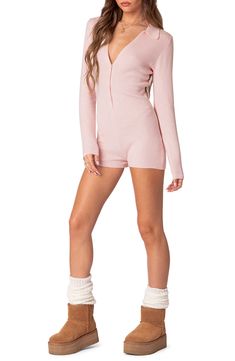 Knit from soft and breathable cotton, this kicky long-sleeve romper is secured by a row of buttons. Front button closure Spread collar Long sleeves 100% cotton Machine wash, dry flat Imported Romper Pajamas Women, Pink Romper Outfit, Romper Pajamas, Random Clothes, Dr Closet, Fall Wardrobe Essentials, Pink Romper, Pajama Romper, Pink Rompers