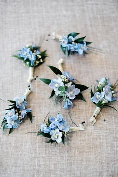 blue flowers and greenery are laid out on the table