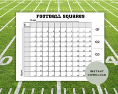 the football squares calendar is on top of a field with white lines and green grass