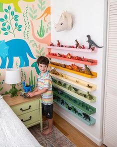 a young boy standing in front of a colorful wallpapered room with dinosaurs on it