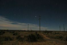 the night sky is full of stars and there are telephone poles in the foreground