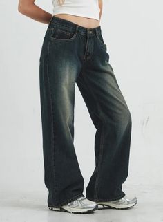 Dark Wash Baggy Jeans, Low Rise Baggy Jeans, Grunge Jeans, Low Waisted Jeans, Low Waist Jeans, Seoul South Korea, Dark Blue Jeans, Wide Jeans, Swaggy Outfits