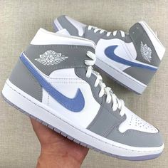 Jordan 1 Mid “Aluminum Blue” Women 9 Available. Brand New In Box Perfect Colorway For Cold Weather Grey Ice Blue Zen Pale Nike Shoes Women Fashion, Pretty Sneakers, Nike Fashion Shoes, Preppy Shoes, Pretty Shoes Sneakers, Jordan Shoes Retro, All Nike Shoes, Nike Shoes Jordans, Nike Air Shoes