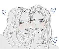 two girls with long hair and hearts drawn on them